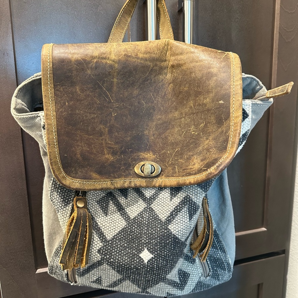 Brown and Gray Backpack Purse with Tassles